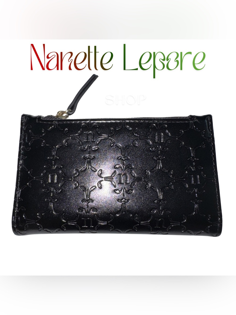 Nanette Lepore Black Embossed Vegan Leather Zip Wallet